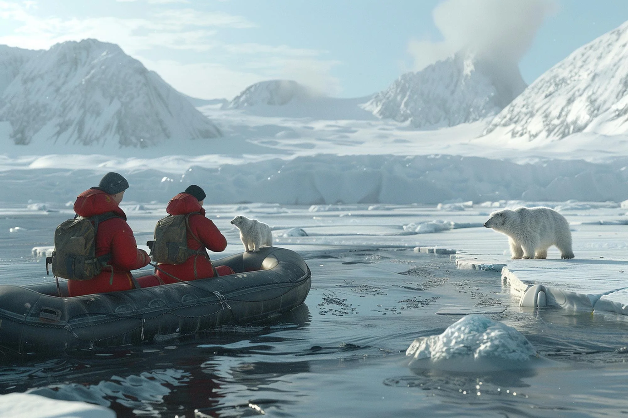 Two people in red jackets on an inflatable boat near a polar bear cub sitting on the boat and an adult polar bear on ice in an Arctic landscape.