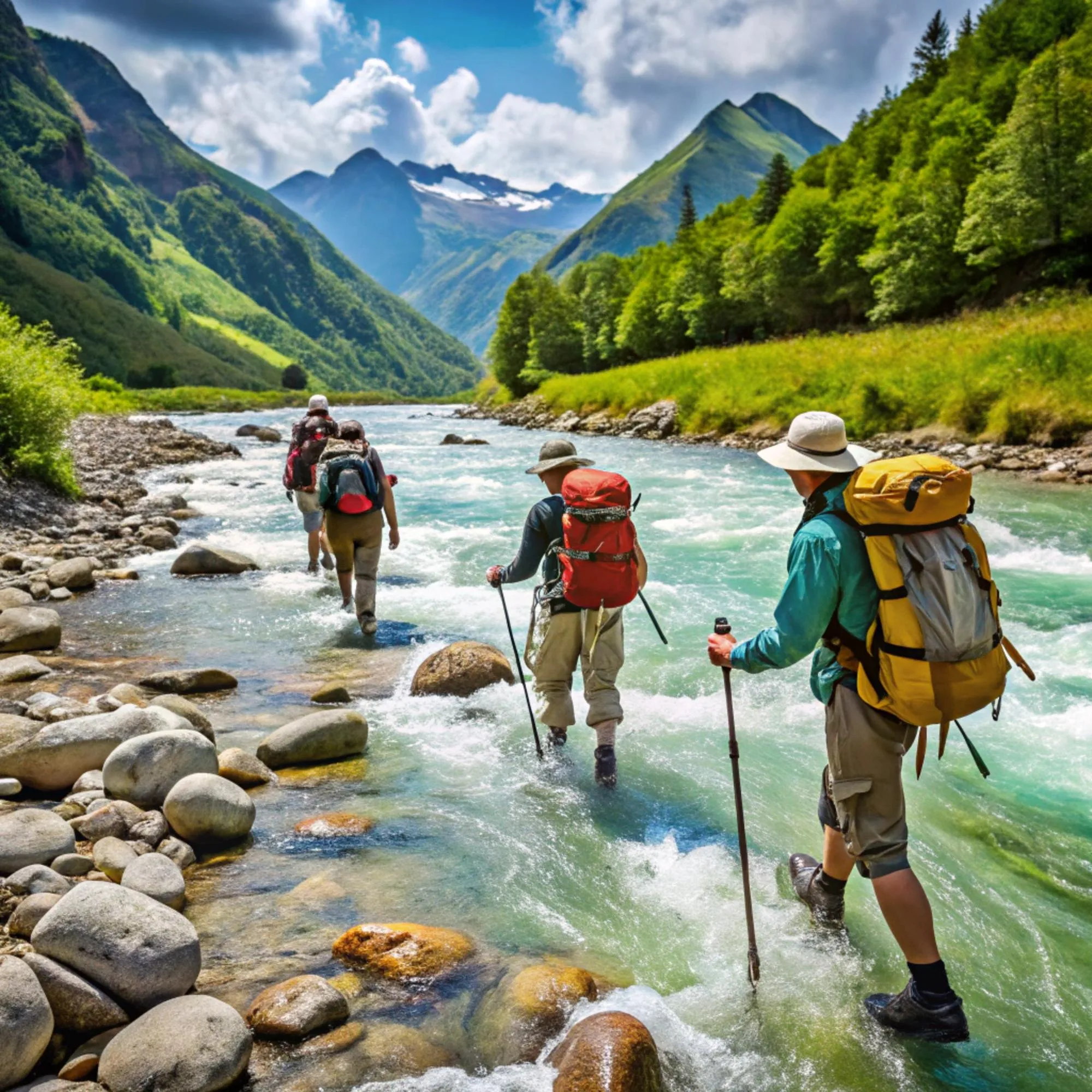 Four hikers with backpacks crossing a shallow river surrounded by green mountains under a partly cloudy sky.