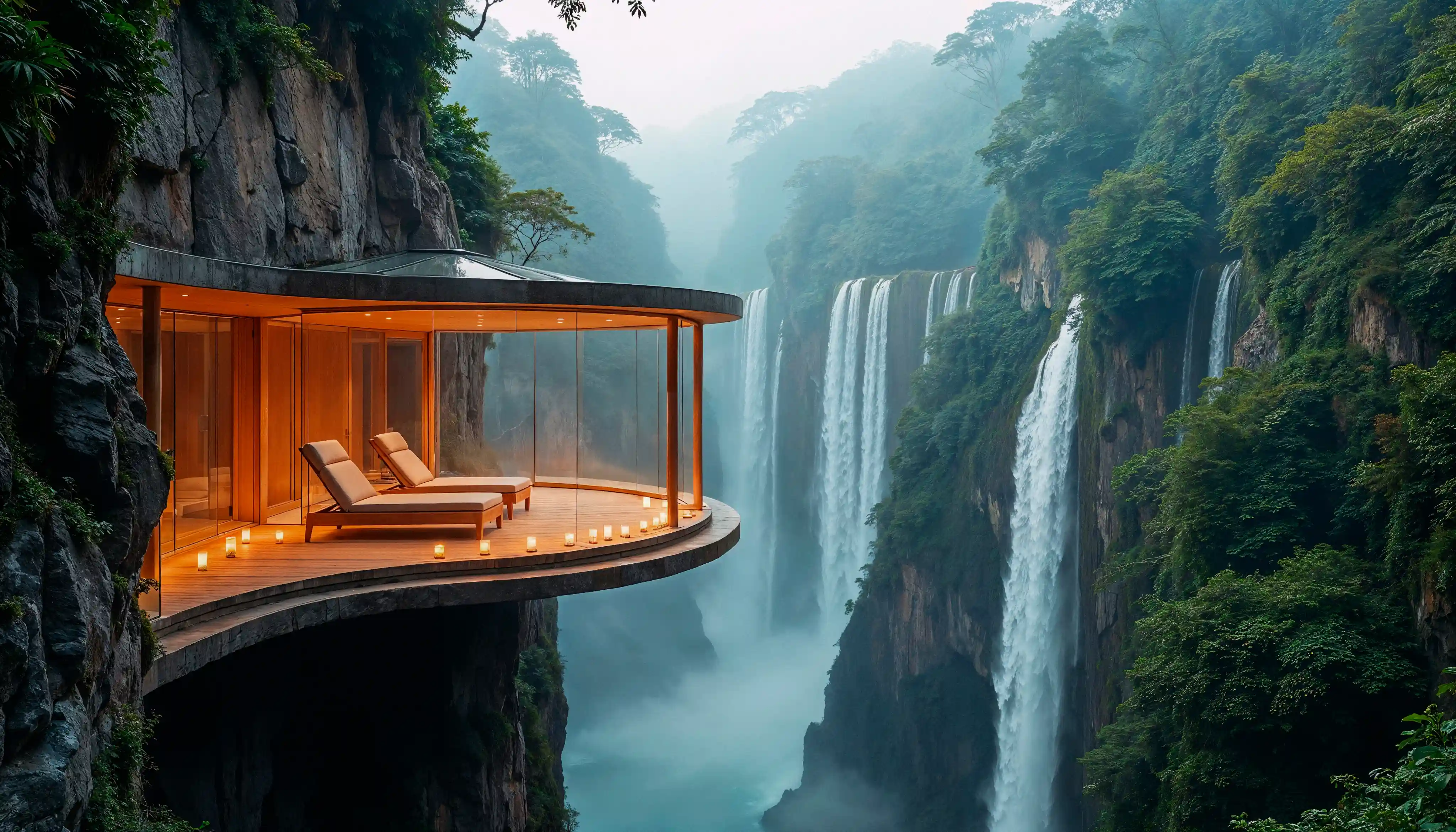 Modern glass-walled cliffside room with lounge chairs overlooking tall waterfalls and lush green forest.